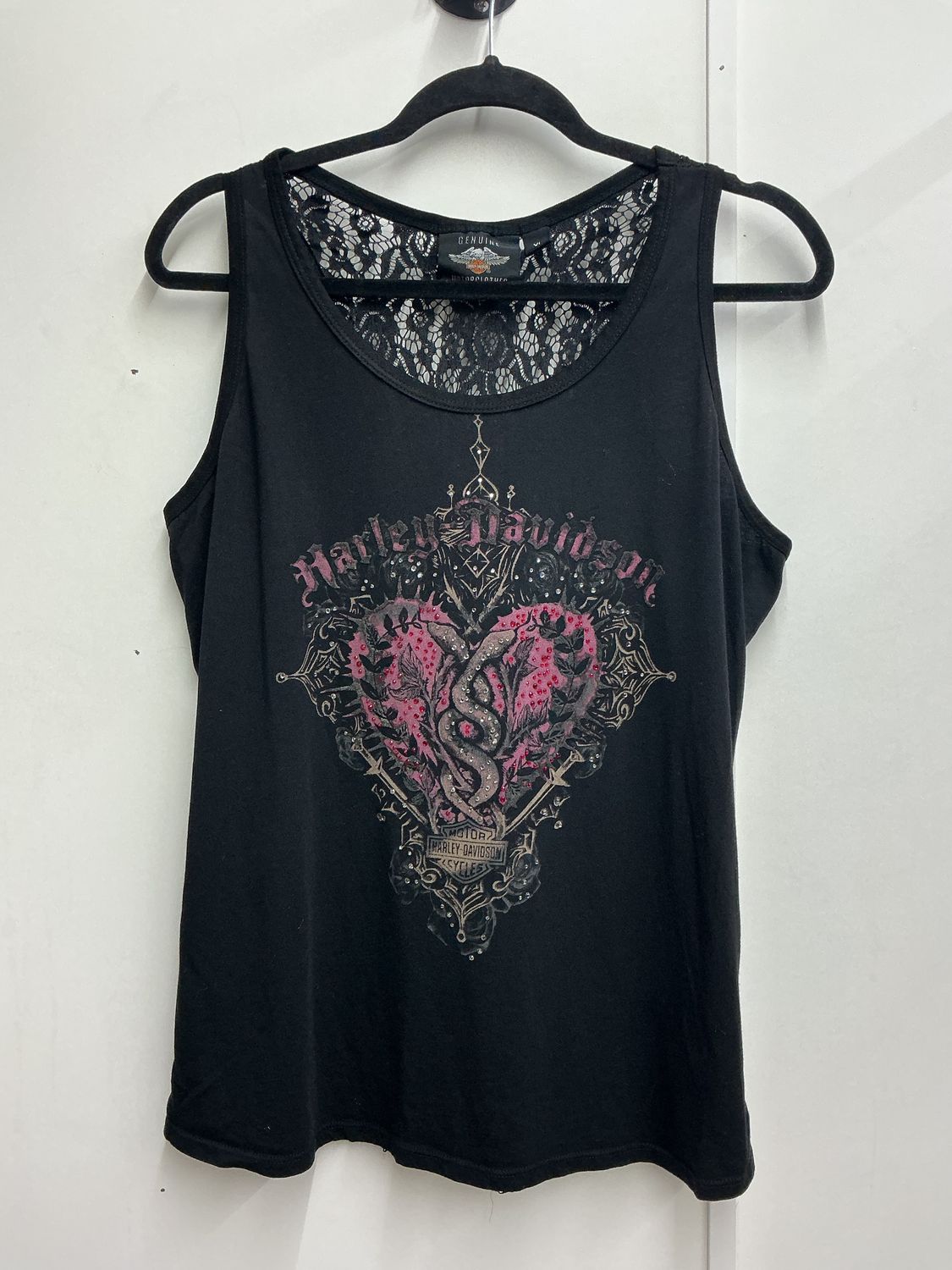 10253 HD Women's Black W/ Pink Heart &amp; Rhinestones Lace Back Tank Top XL