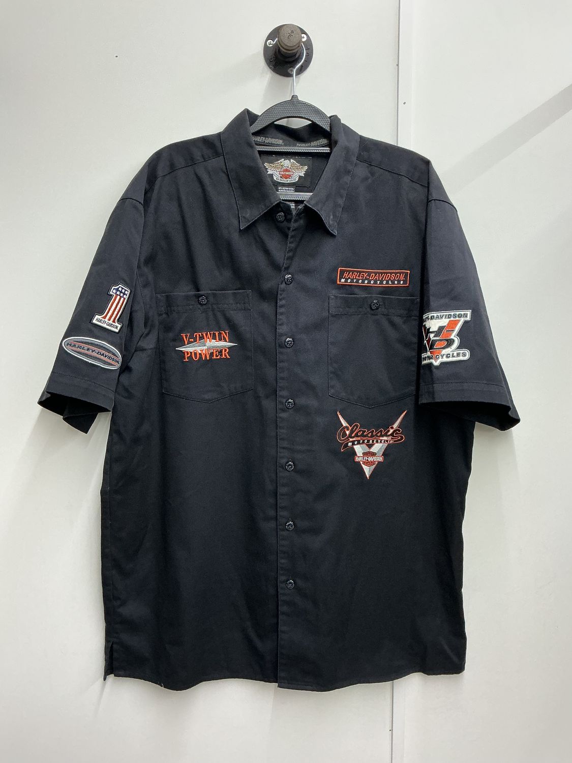 10223 HD Men's Black W/ Orange V-Twin Power #1 Patches SS Button Up Large