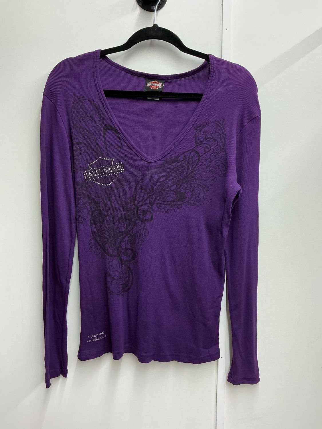 10260 HD Women's Purple W/ Black Scrollwork Studded B&amp;S LS V-Neck Large