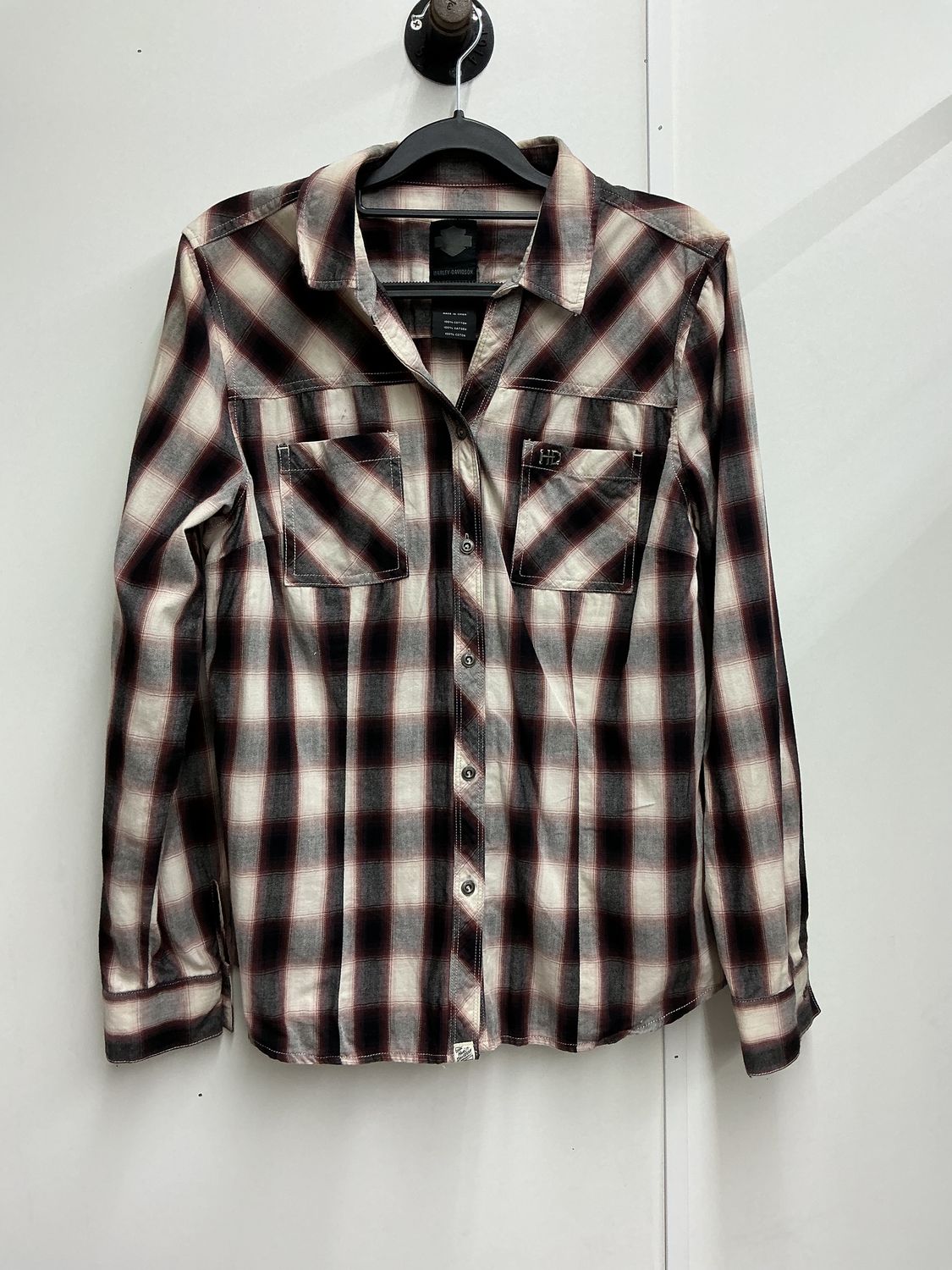 10260 HD Women's Cream Burgundy Black Plaid W/ Silver HD LS Button Up Large