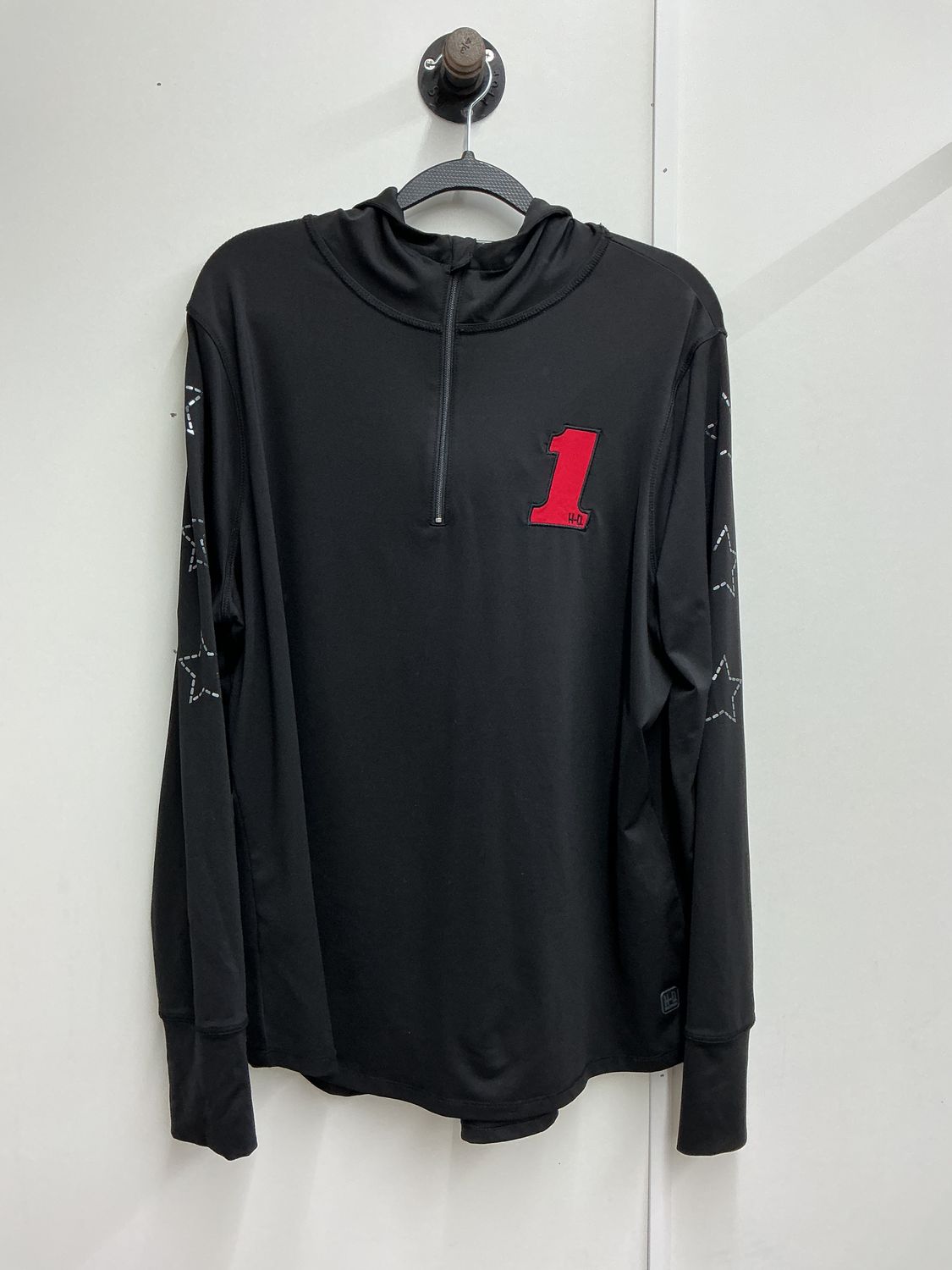 10260 HD Women's Black W/ Red #1 HD  Reflective Stars Hooded 1/4 Zip Top 2XL