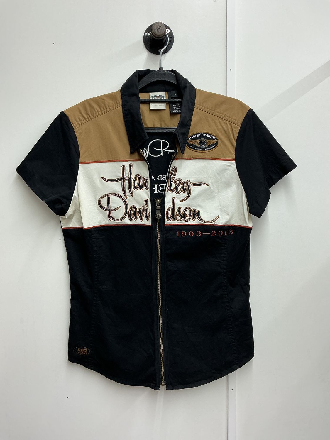 10260 HD Women's Black W/ Tan &amp; White HD 1903-2013 Ann. Full Zip SS Mechanic Large