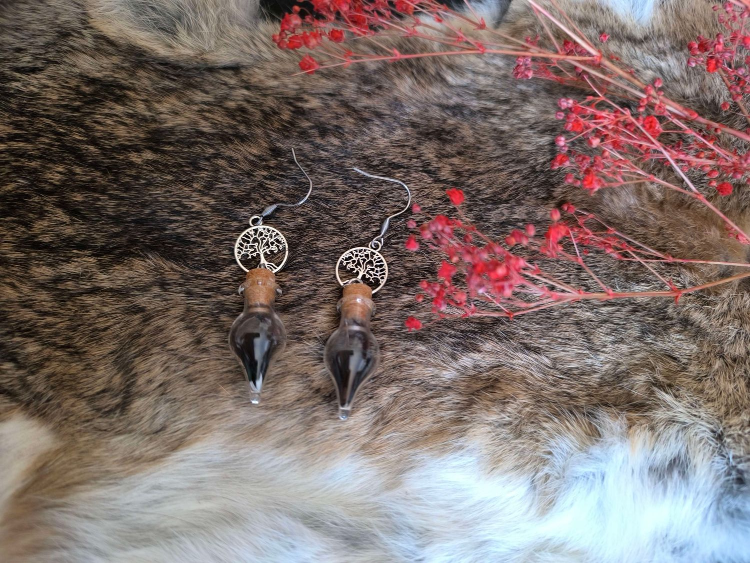 Boucles “Fiole &amp; Arbre de Vie” – Plume de Faisan