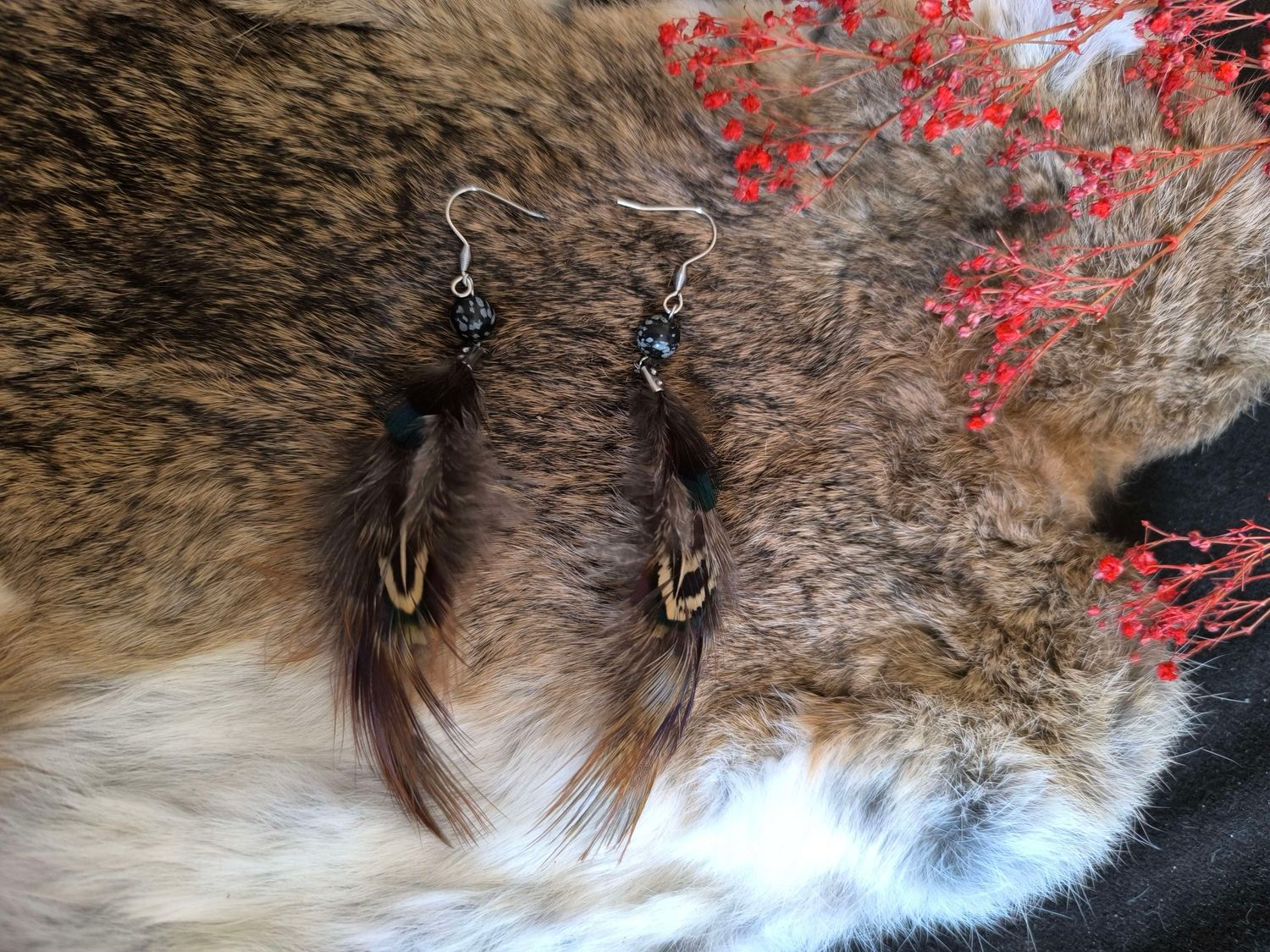Boucles “Chamanique Noire” – Plumes de Faisan &amp; Obsidienne Flocon