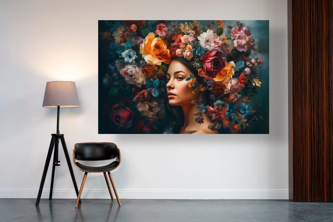 woman portrait with colorful flowers canvas wall art