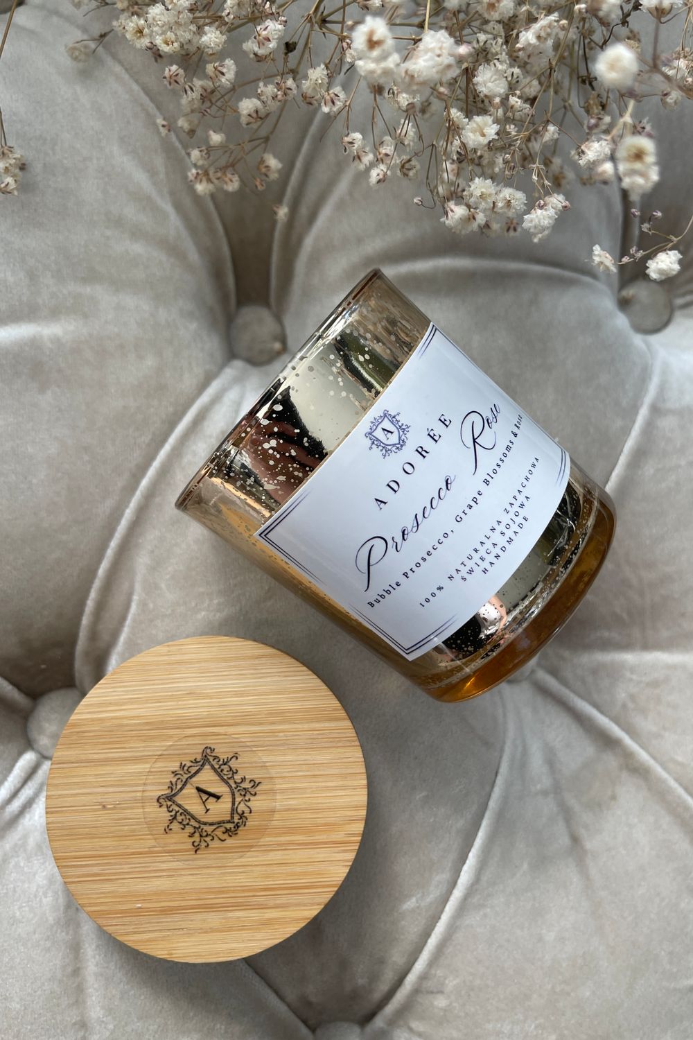 Świeca sojowa zapachowa Prosecco Rose | Luksusowe złote szkło Glamour