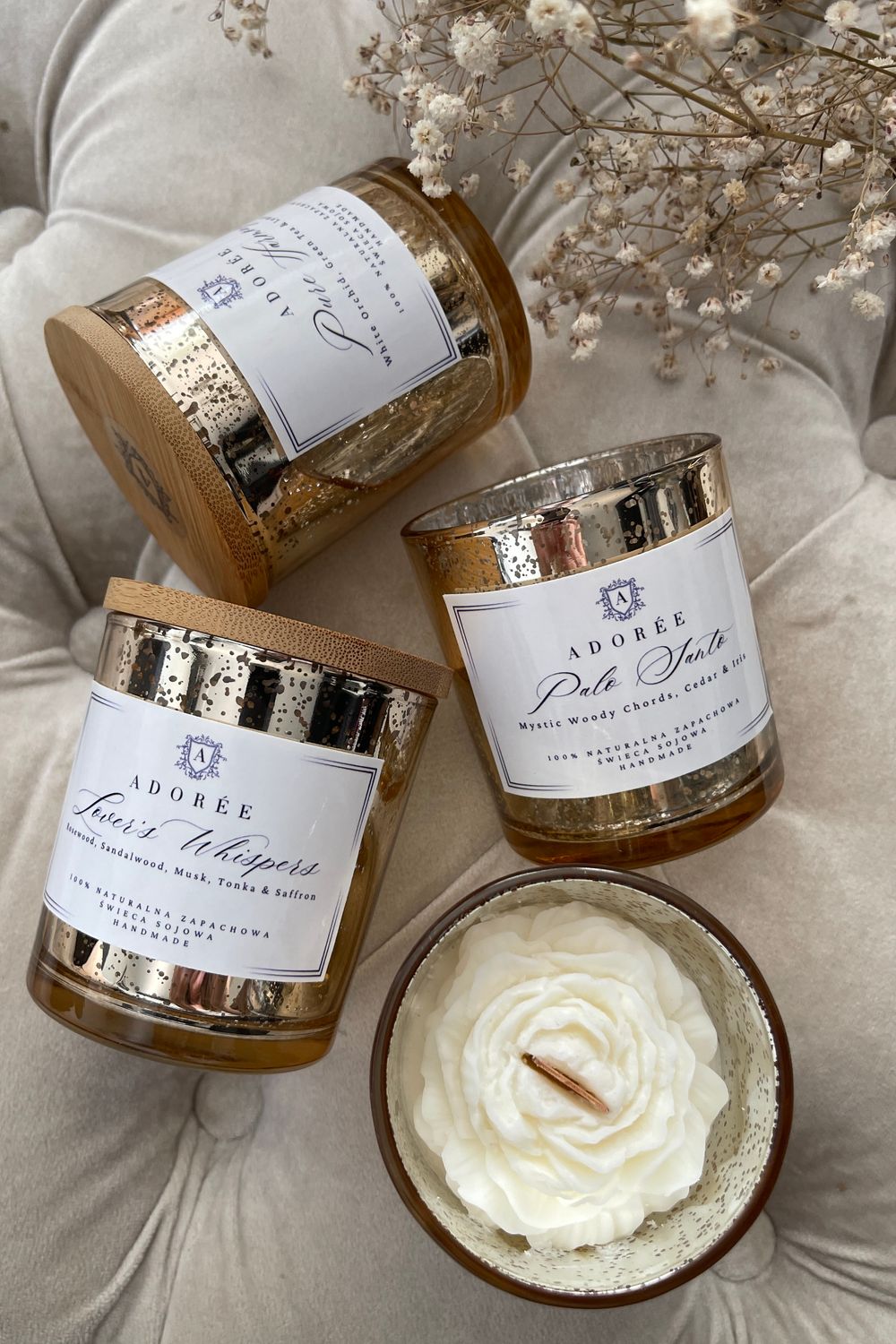 Świeca sojowa zapachowa Palo Santo | Luksusowe złote szkło Glamour