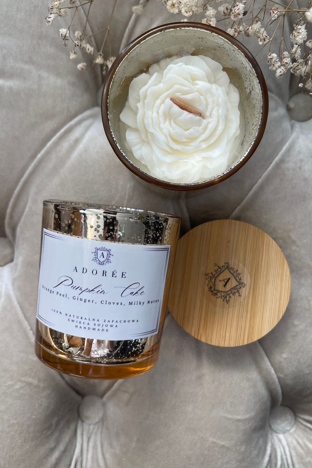 Świąteczna świeca sojowa zapachowa Pumpkin Cake | Luksusowe złote szkło Glamour