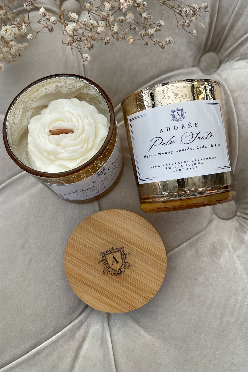 Świeca sojowa zapachowa Palo Santo | Luksusowe złote szkło Glamour