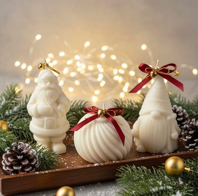 Zestaw 3 Świece świąteczne: św. Mikołaj | Skrzat | Bombka na choinkę + opakowanie prezentowe GRATIS!