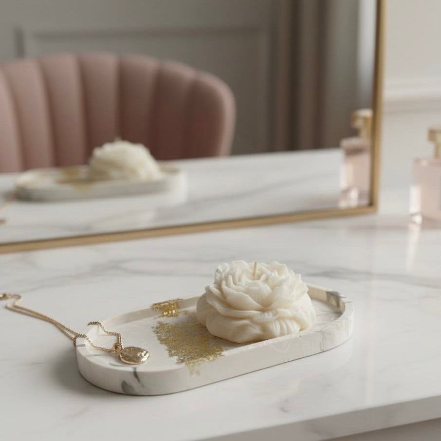 Świeca kwiat Piwonii i Taca Podstawka Owalna Dekoracyjna zdobiona złotem | Opakowanie prezentowe z dedykacją GRATIS! | Zestaw 3 cz.