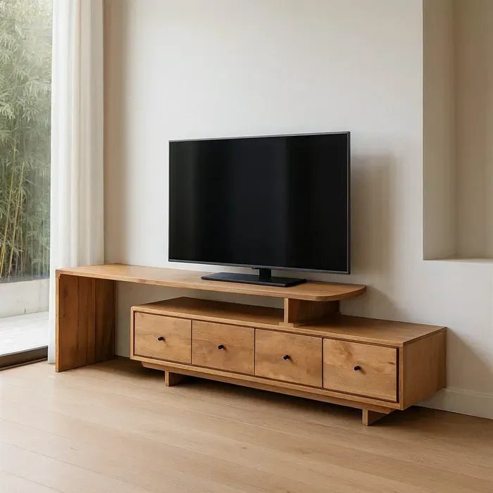 Oak mueble de TV de madera con estante elevado y cajones