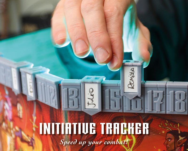 Cacklin Slayers' Initiative Tracker placed on a Dungeon Master's Screen. An ominous blue light glows from behind the screen. A hand coming from above places a banner on the tracker, on initiative count 16.
