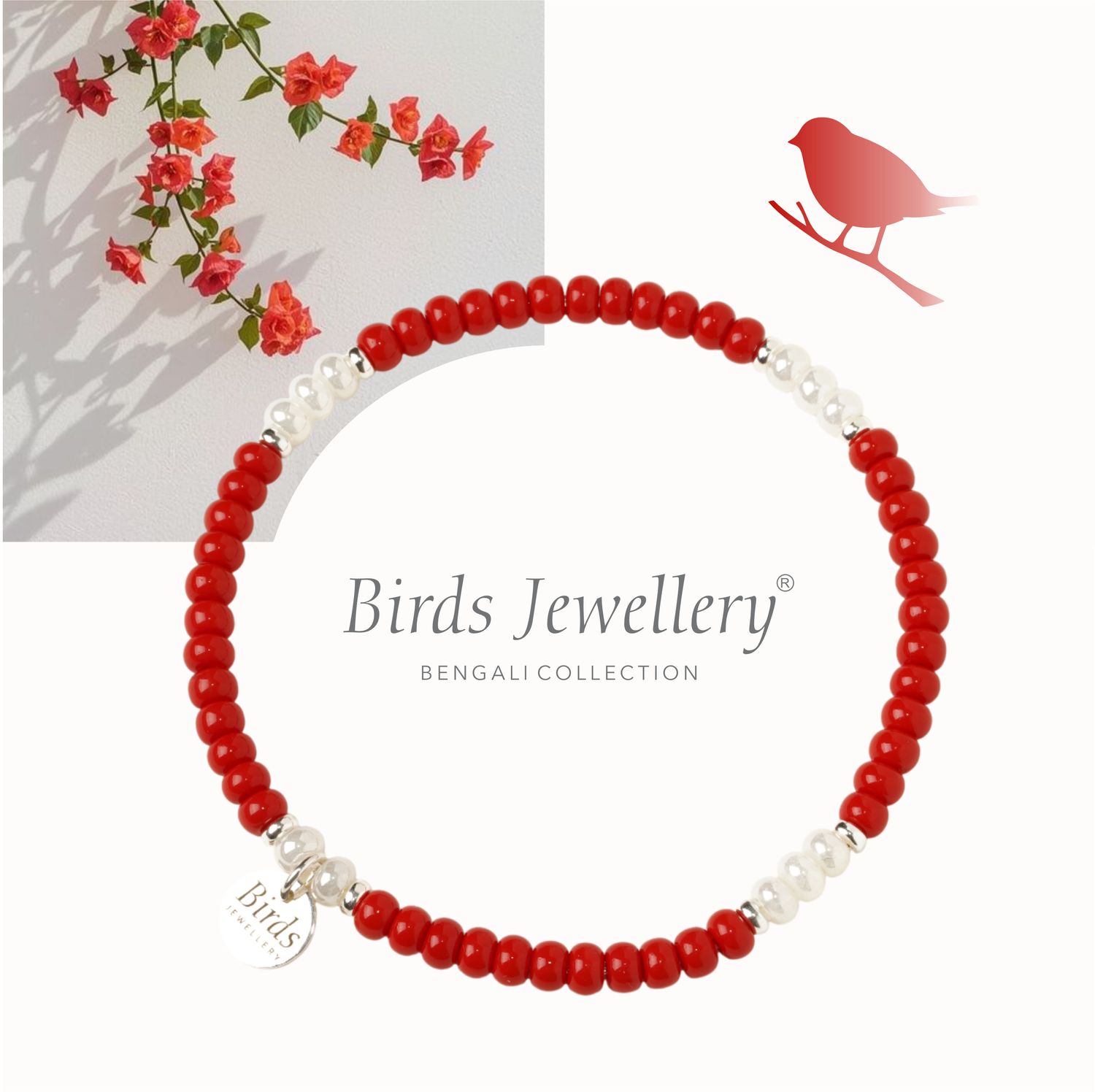 Pulseira Vermelho London | Branco Perolado e Prata