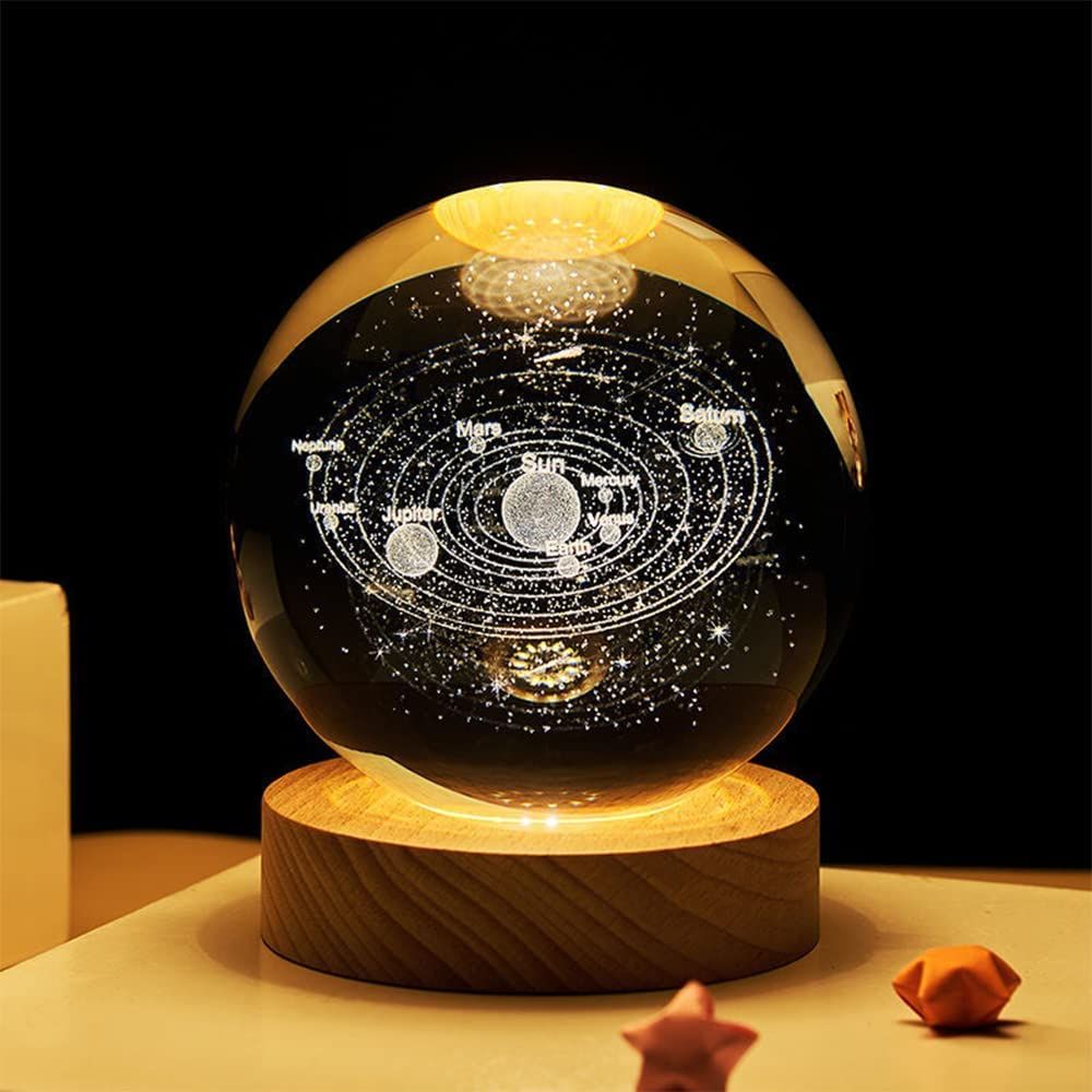 3D Crystal Ball Night Lamp with Wooden Base | Galaxy Solar System Light for Bedroom Decor | Ideal Gift for Teens, Men, Women, and Kids