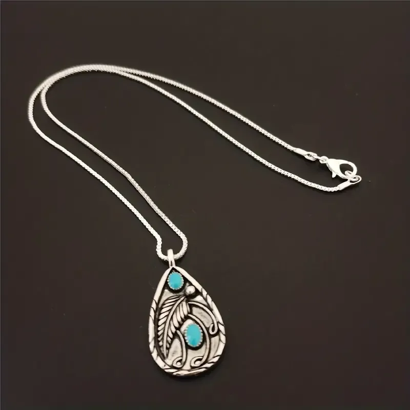 Feather Pendant Necklace With Faux Turquoise Accents