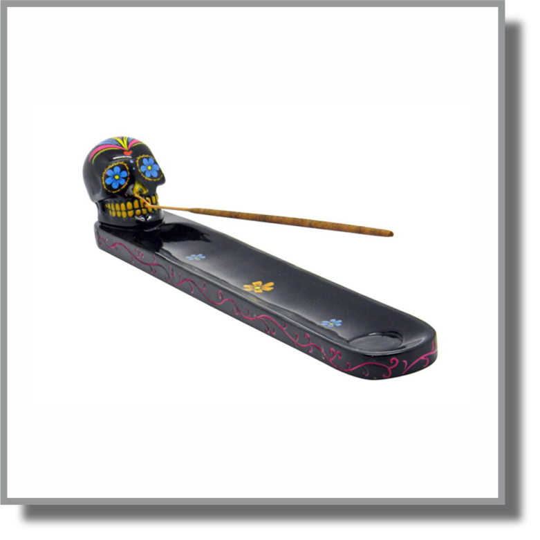 Black Sugar Skull Painted Incense Burner 10&quot; Long