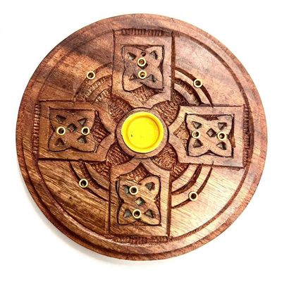 Celtic Cross Round Wood Incense Burner 5"
