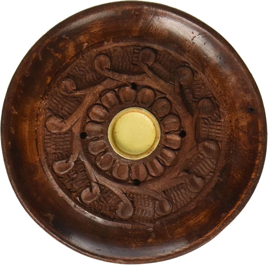 Flower and Vines Round Wood Incense Burner 4&quot;