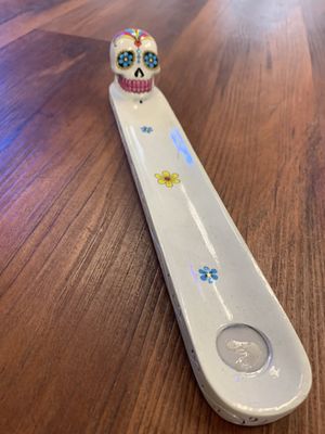 White Sugar Skull Painted Incense Burner 10" long