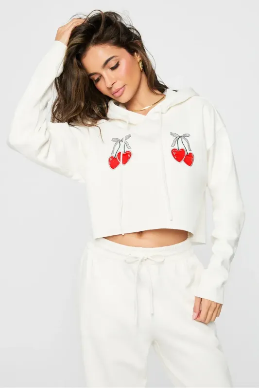Cozy Fleece Cherry Cropped Hoodie