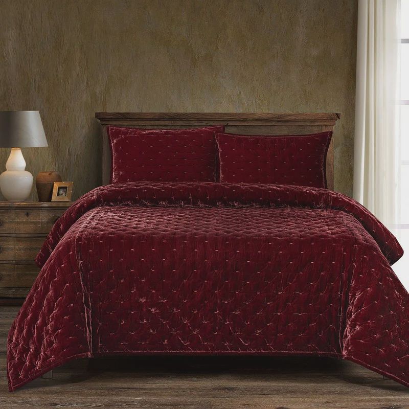 Stella F Silk Velvet Quilt Set, King,  Garnet Red, 3PC