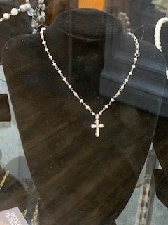 FK Micro Freshwater Pearls w/ silver Ox Loire chain Austrian Crystal Cross