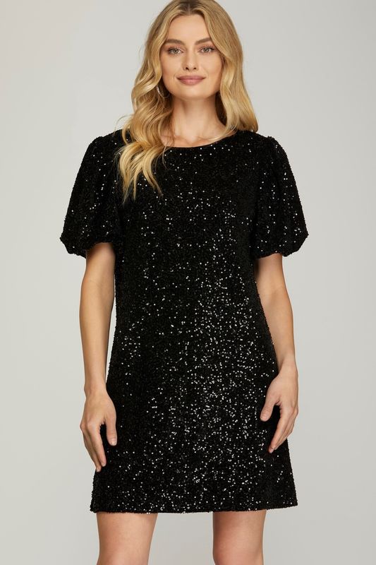Black Bubble Sleeve sequin dress