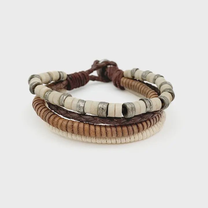 AJ Aadi Bracelet - Ivory Beads/Twine, Brown Leather