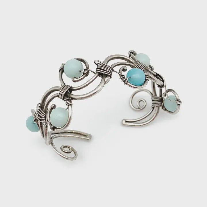 AJ Wire-Wrapped Stone Cuff - Antique Silver with Amazonite