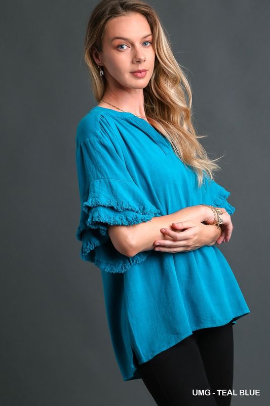 Linen V-Notched 3/4 Ruffle Frayed Hem Sleeve Tunic