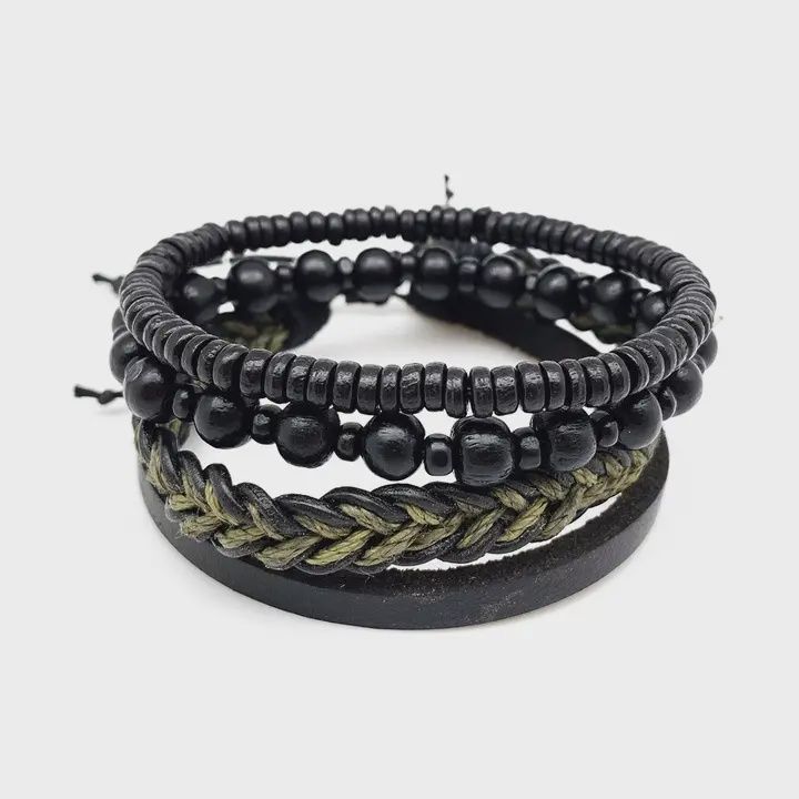 AJ Aadi Green and Black Leather Black Beads Men's Bracelet Set