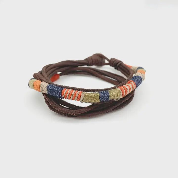 AJ Aadi Bracelet - Brown Suede and Orange/Blue/Tan Twine