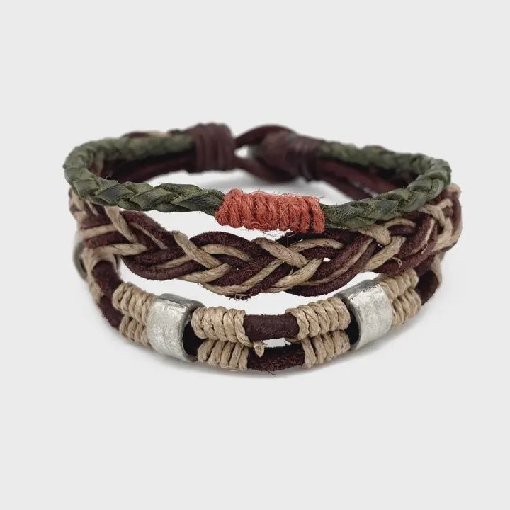 AJ Aadi Green and Brown Jute and Leather Braided Bracelet