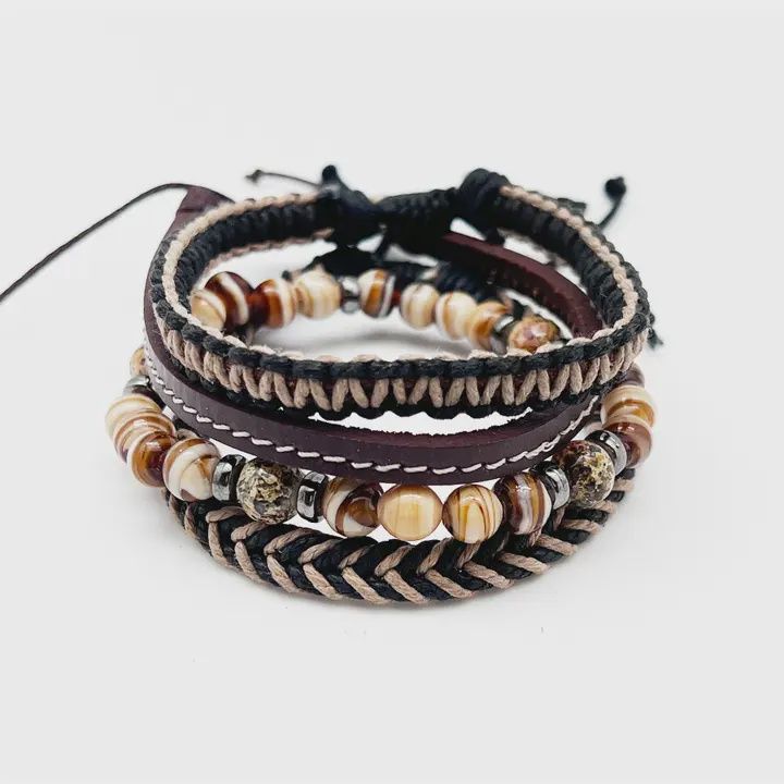 AJ Aadi Mens Bracelet - Woven Leather with Beads