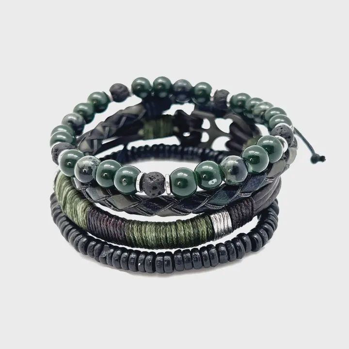 AJ Aadi Mens Bracelet - Green and Black Woven Leather