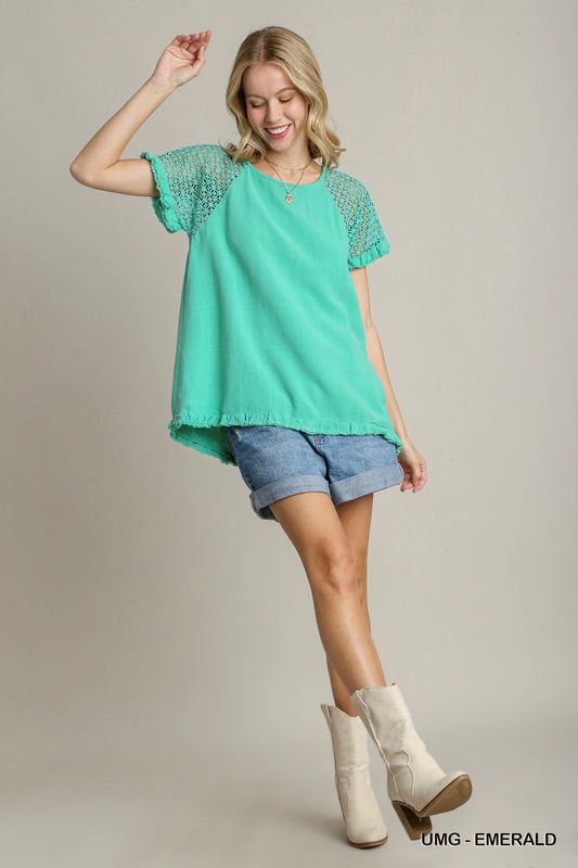 Linen Blend Floral Crochet Detailed Short Sleeve Round Neck Top with Fringed Hem