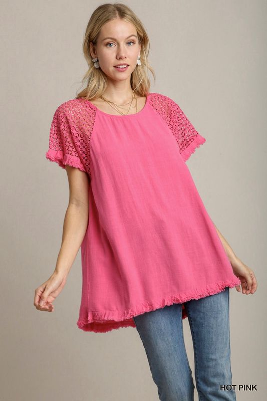Linen Blend Floral Crochet Detailed Short Sleeve Round Neck Top with Fringed Hem
