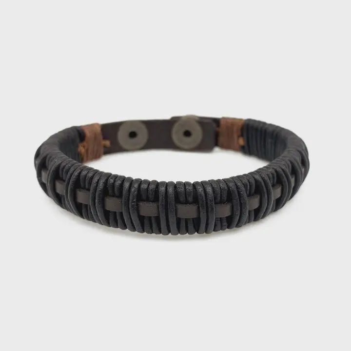AJ Aadi Brown and Black Woven Leather Snap Men's Bracelet