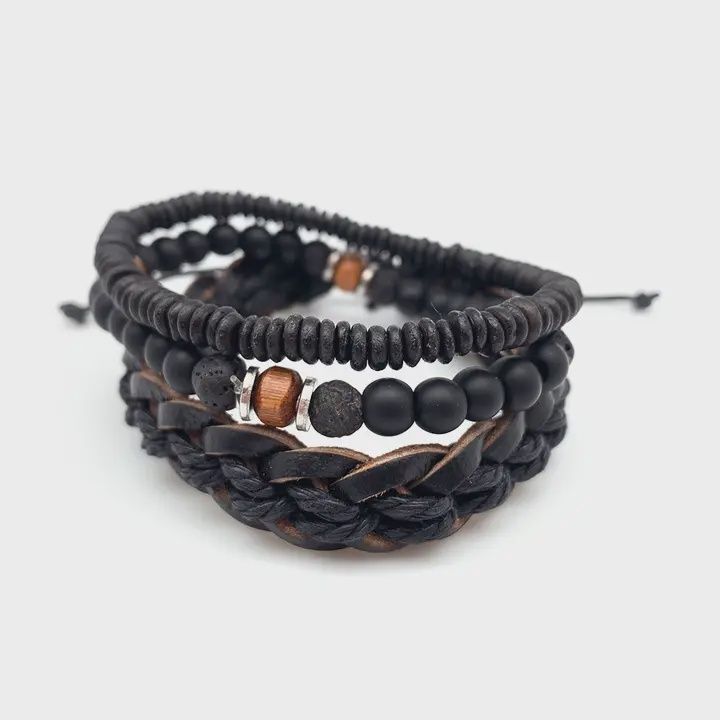 AJ Aadi Bracelet Bundle Black Stone and Wood Beads, Leather