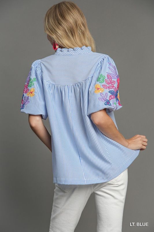 Embroidery Stripe Pleated Top