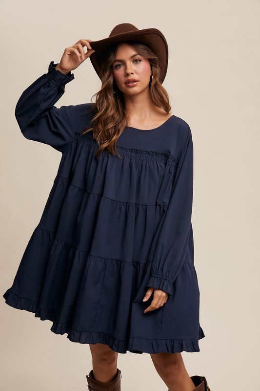 Flowy Tiered Design Long Sleeve Dress