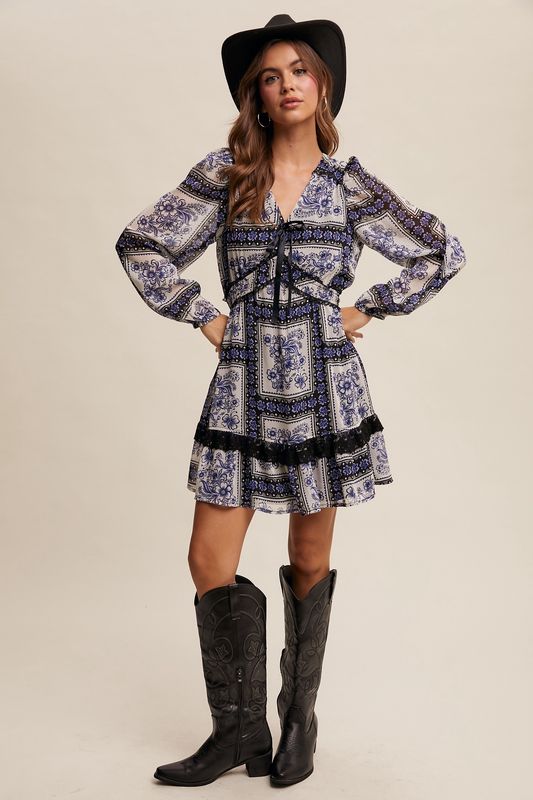 Floral Handkerchief Design Contrast Mini Dress