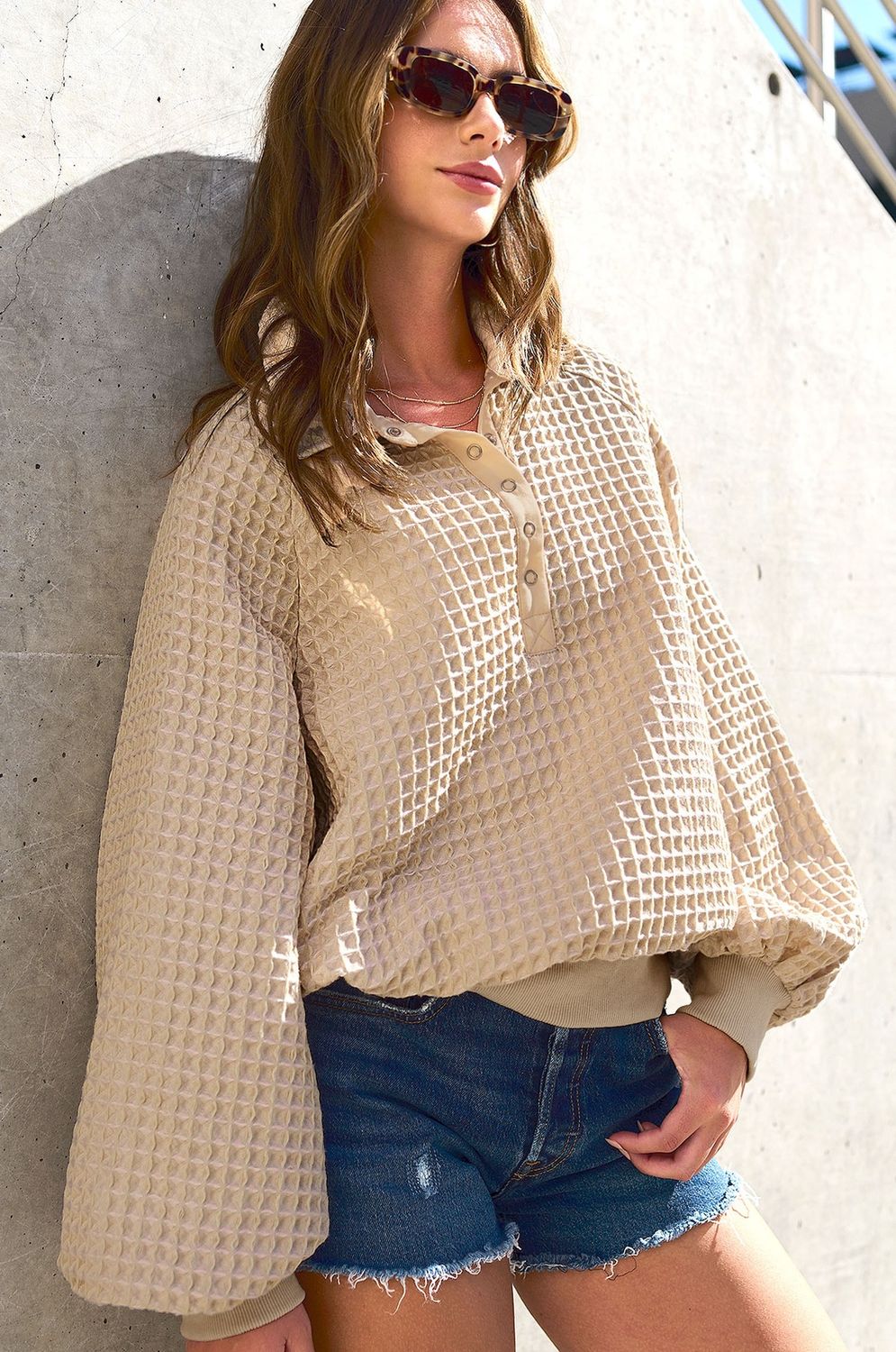 OVERSIZED TWO TONE TEXTURED LONG SLEEVE TOP