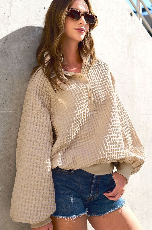 OVERSIZED TWO TONE TEXTURED LONG SLEEVE TOP