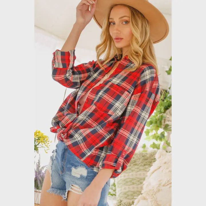 Loose Fit Button-Down Plaid Shirt Red