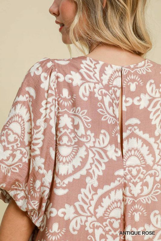 Botanical Print Puff Sleeve Dress Antique Rose