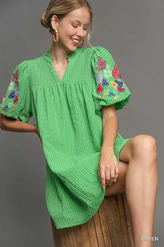 Embroidery Sleeve Dress Green