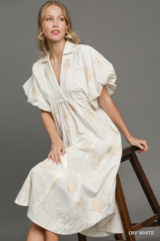 Palm Tree Embroidered Midi Dress
