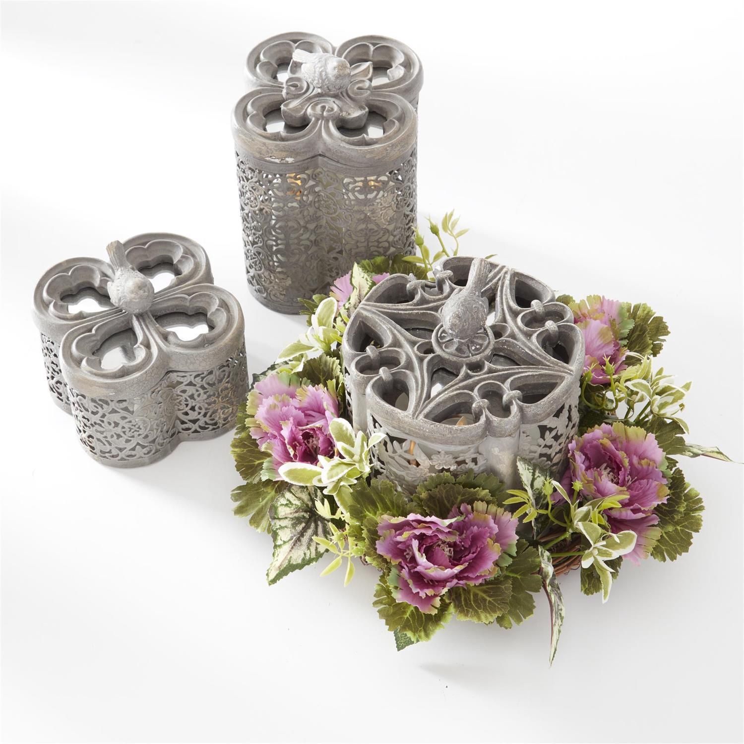 Gray Resin Bird Topped Filigree Boxes